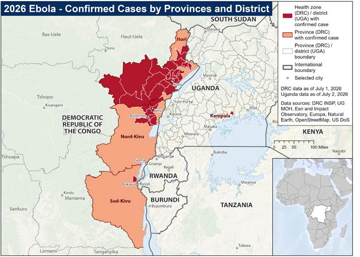 Ebola Bundibugyo outbreak in DR Congo and Uganda as of 1 July 2026. Source: CDC